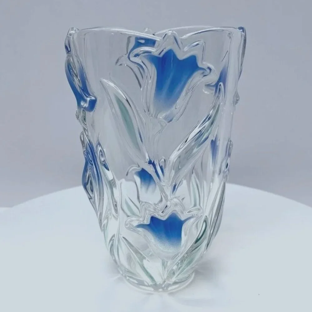 Mikasa Bluebells Vase Embossed Glass Blue Tulips Green Leaves Relief 8" Tall - Picture 1 of 7